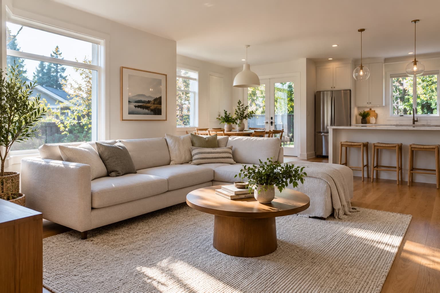 Bright, freshly cleaned living room and kitchen
